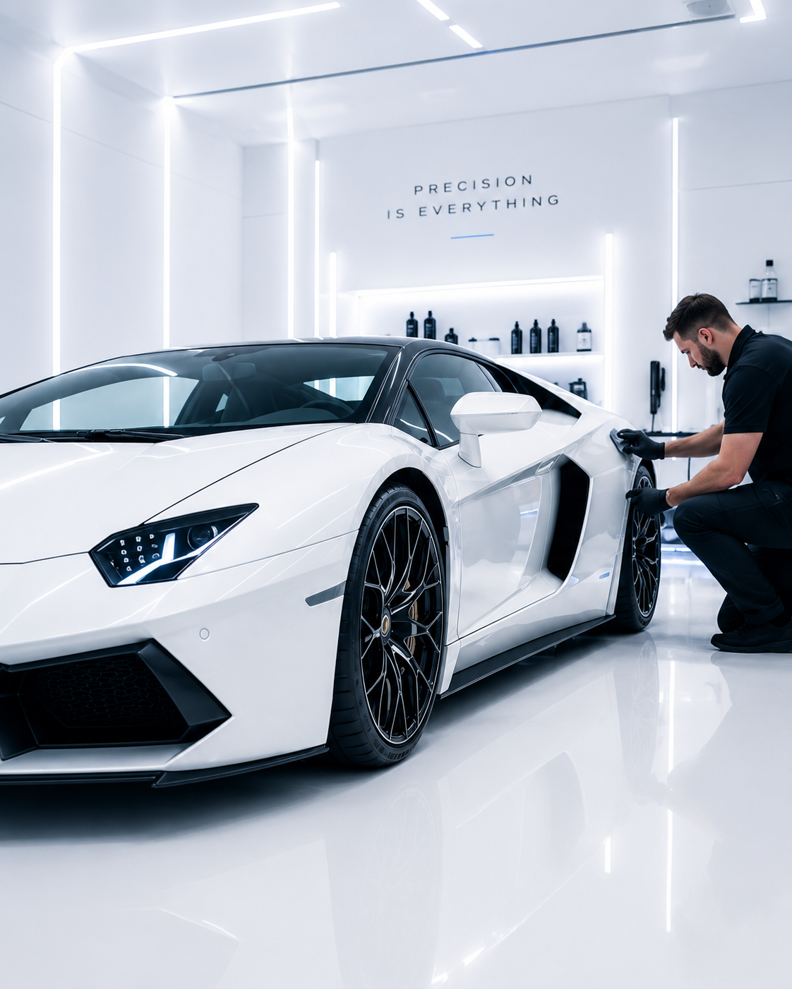 White exotic vehicle being detailed inside a luxury detailing studio