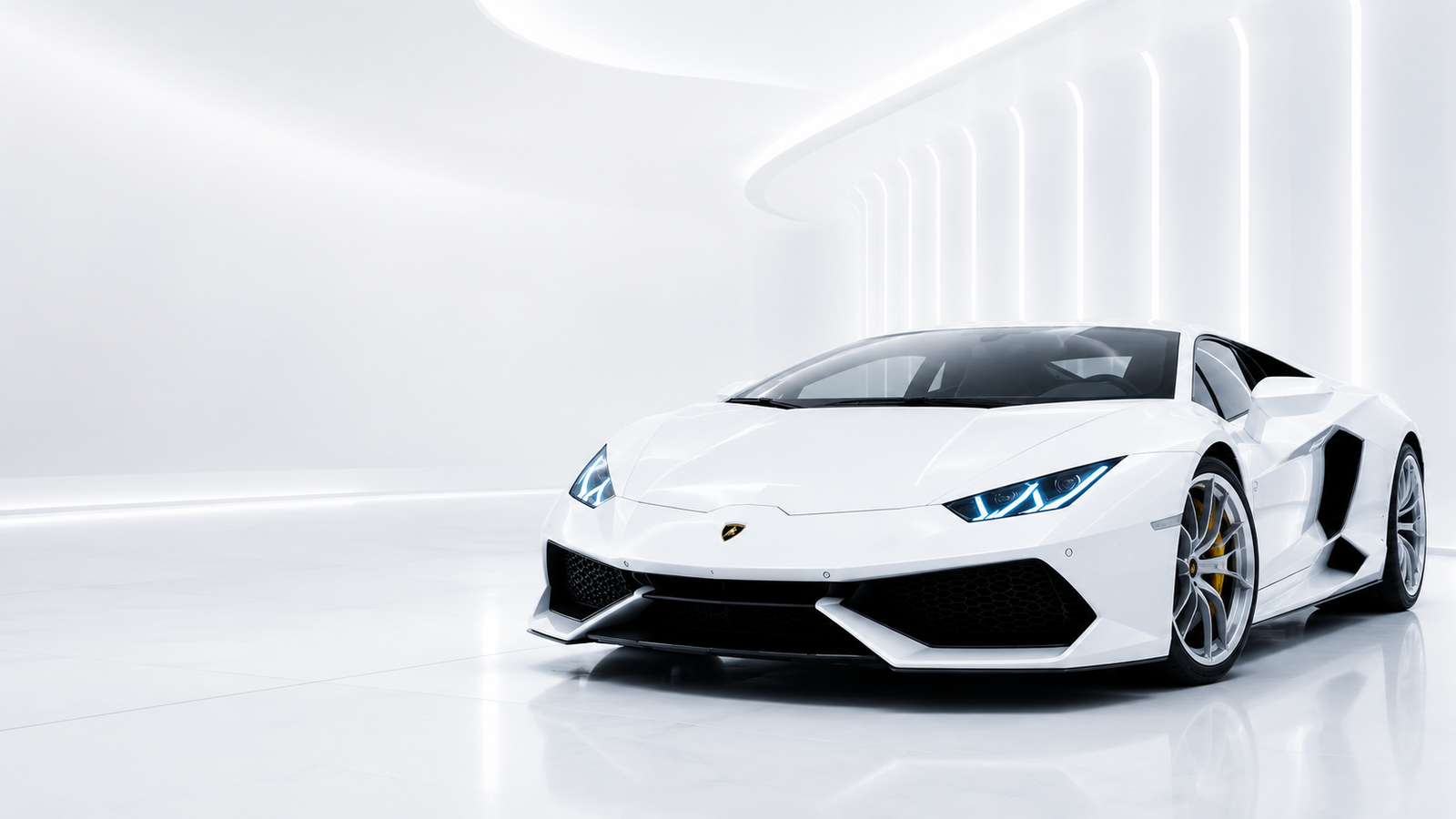 White luxury exotic car in a futuristic showroom