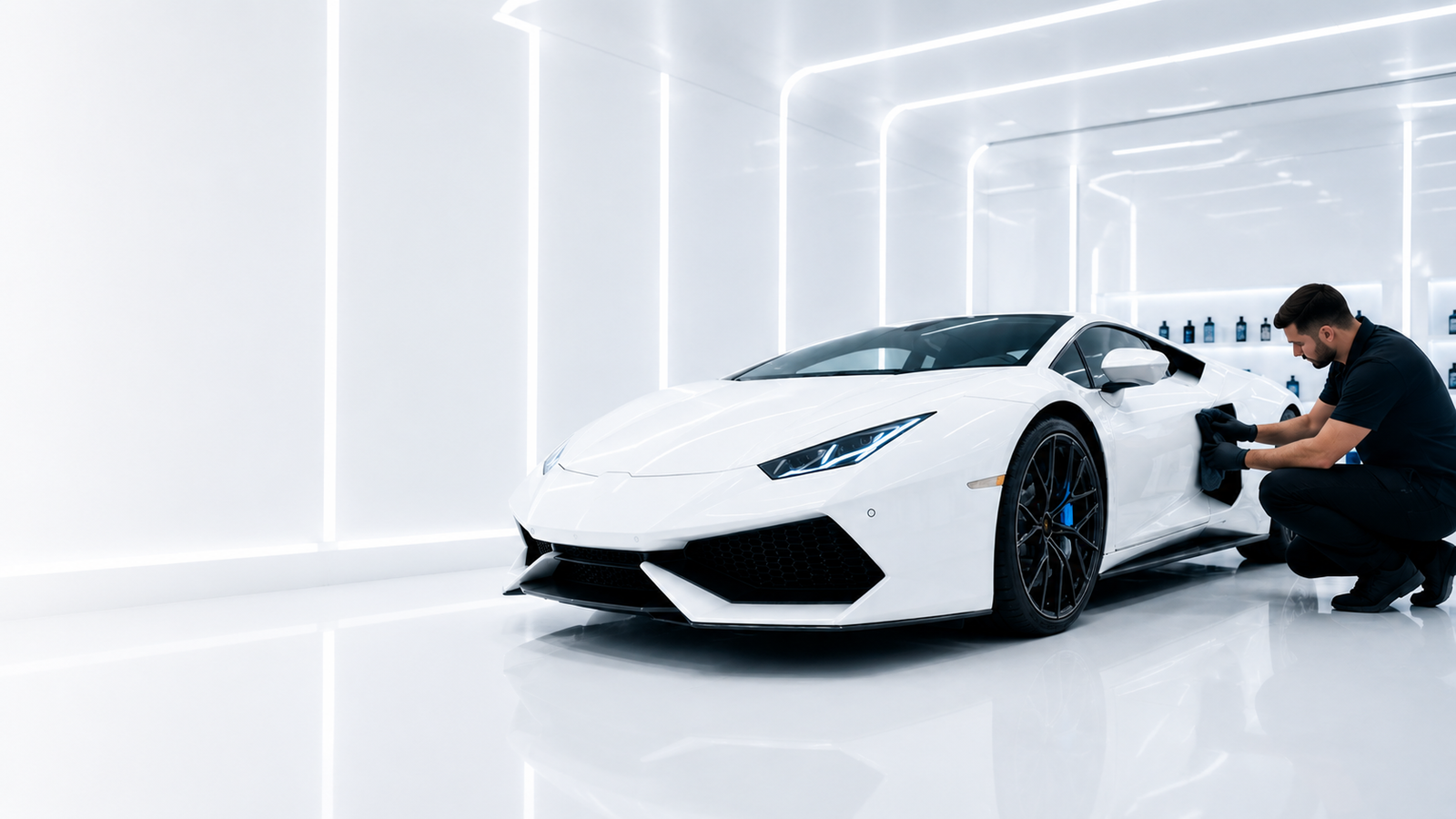 White luxury vehicle being professionally detailed inside a clean modern studio