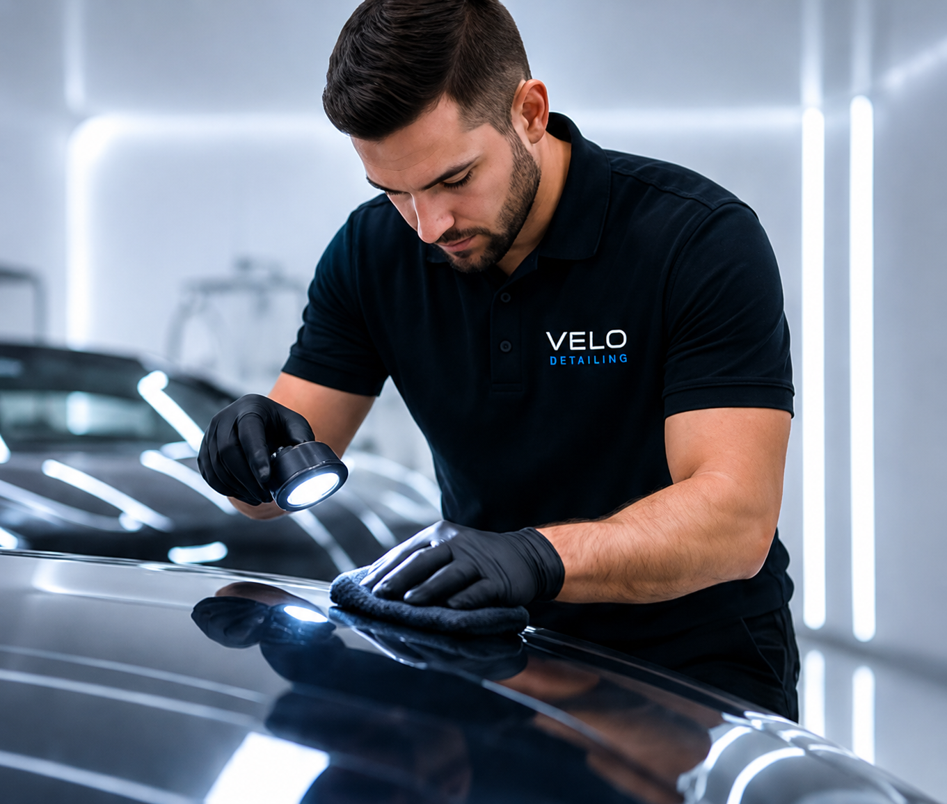 VELO DETAILING founder inspecting and polishing a vehicle finish