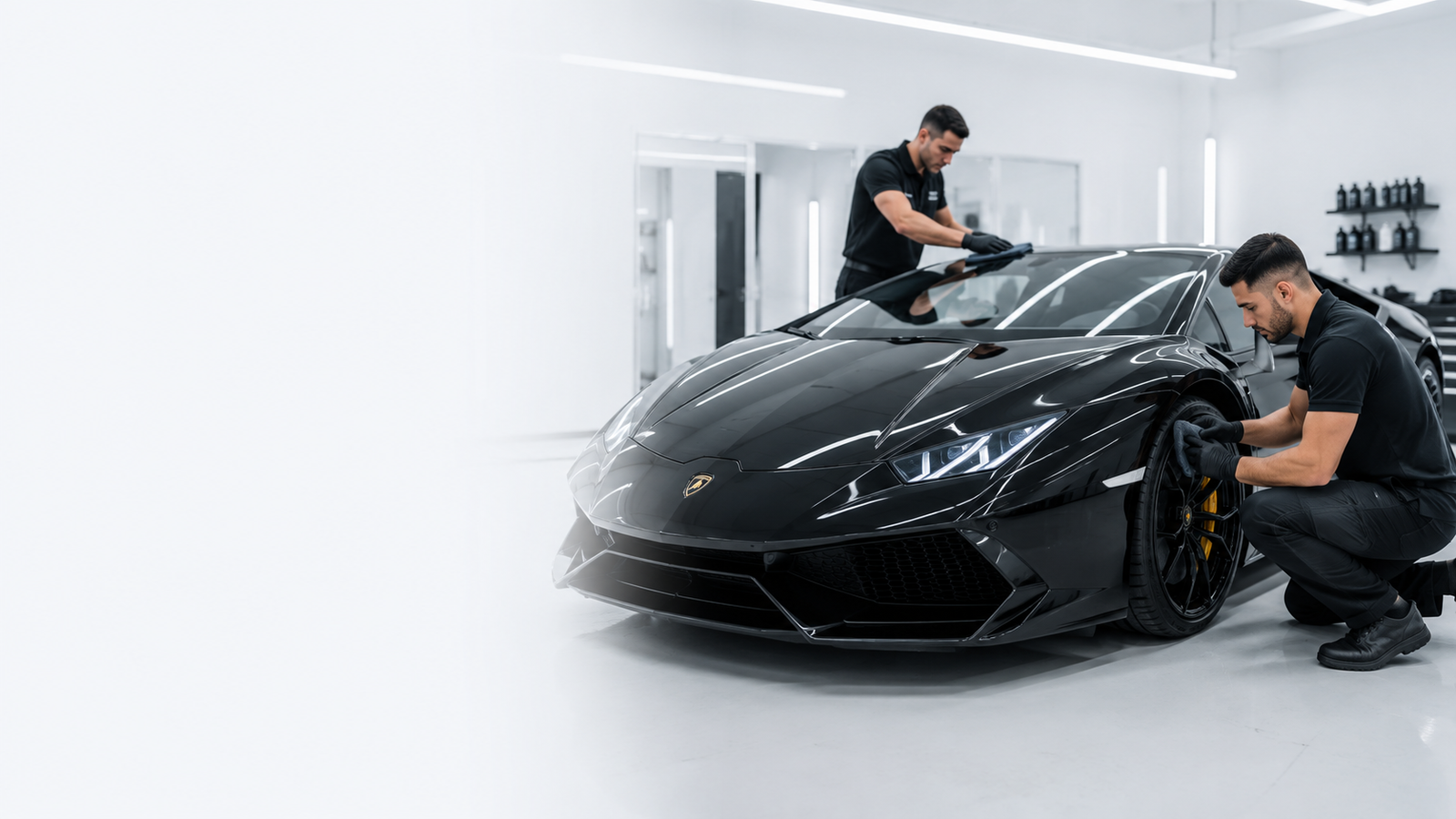 VELO DETAILING team professionally detailing an exotic vehicle inside a modern studio
